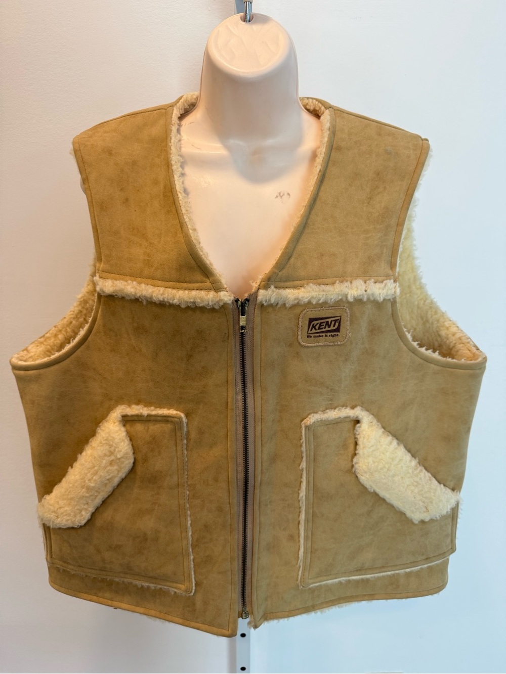 Vintage 80s Wiman Tan Sherpa-Lined Vest Men Faux Talon Zipper Size L Kent Tag